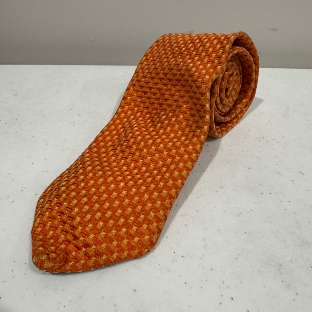 Canali Mens 100% Silk Tie Orange Geometric Woven Made in Italy Luxury Business